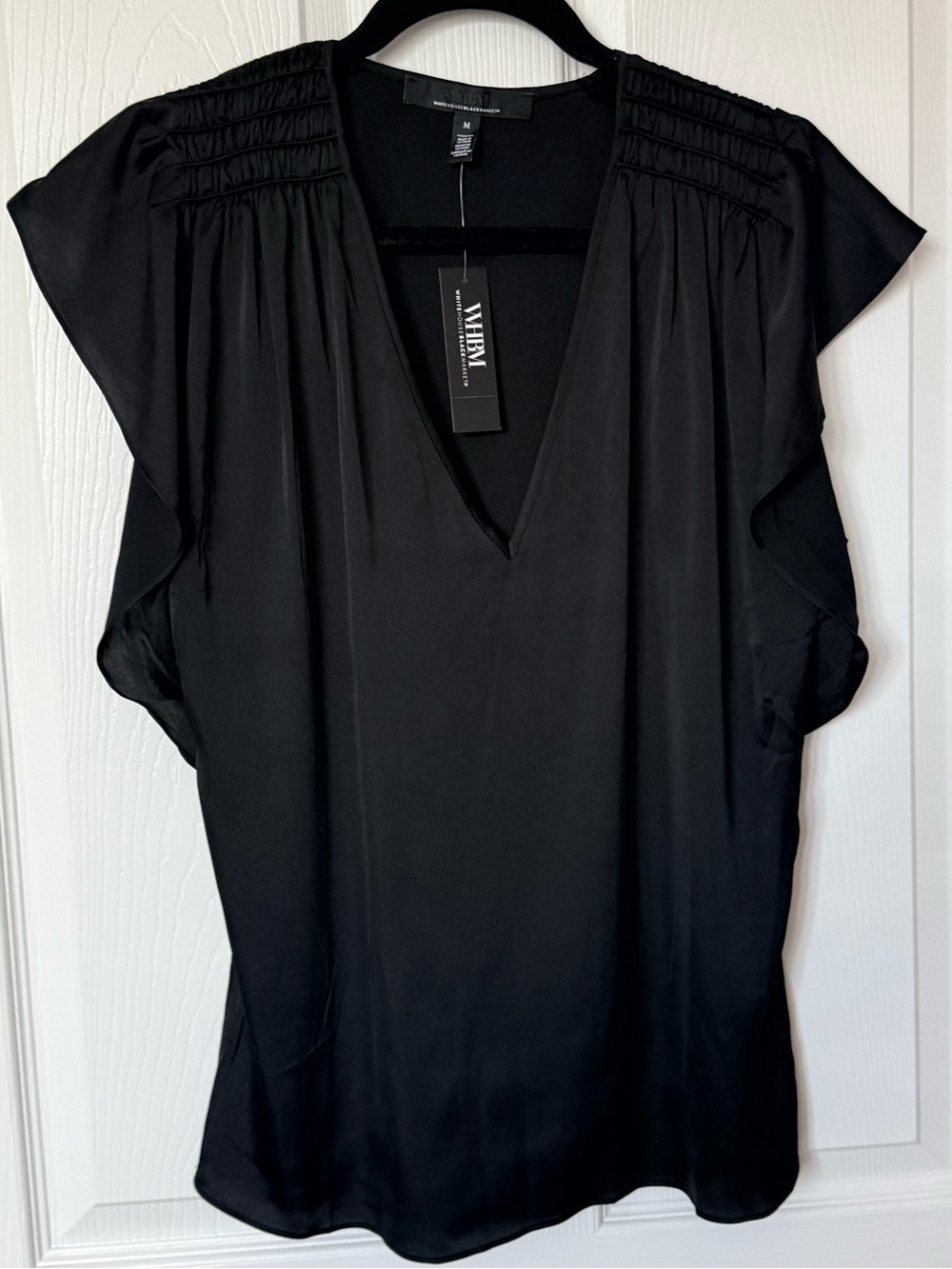 White House Black Market Black V-Neck Flutter Sleeve Blouse